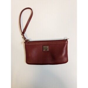 Dooney and Bourke Large Slim Wristlet Pebble Grain Leather Red w/Gold Clutch Bag